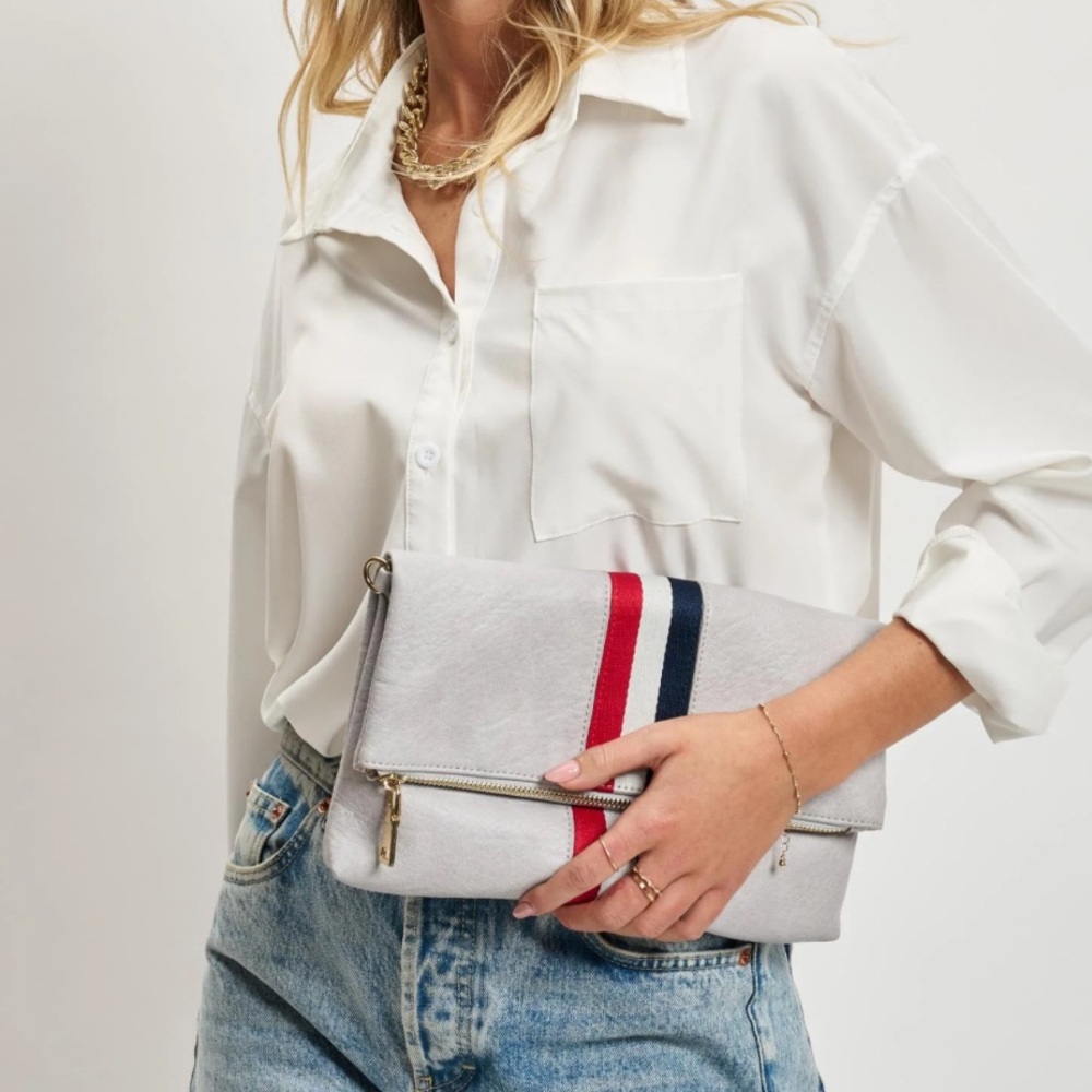 Moda Luxe Stylish Gray Clutch or cross body with Red and Blue Stripes